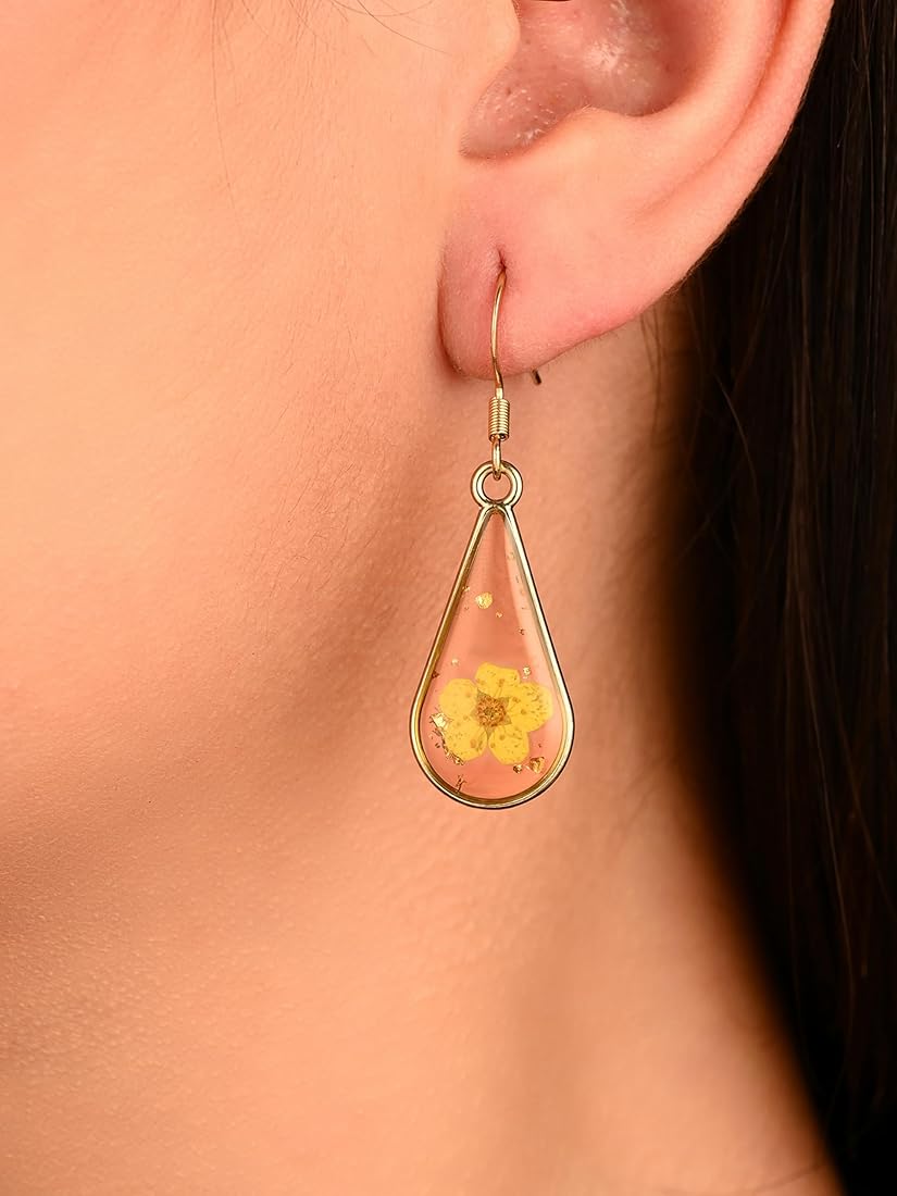 Golden Bloom Resin Teardrop Earrings