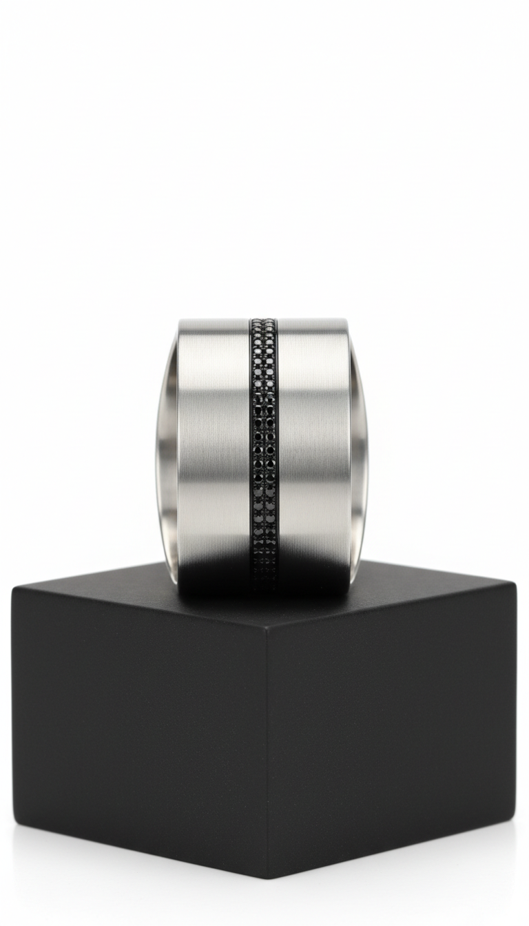 Brushed Metal Cuff with Black Diamond Inlay